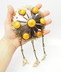 Latvia huge ethnic butterscotch Baltic amber dangles Sakta pin brooch