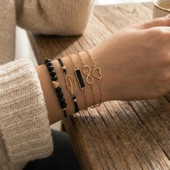 5pc Bohemian Bracelet Set Black Enamel Heart Bead Wrist Chain Women Gold Tone