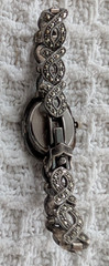 VNTG. Sterling 925 Marcasite Oval Diamond Logo Bracelet Watch 7″ Needs Battery