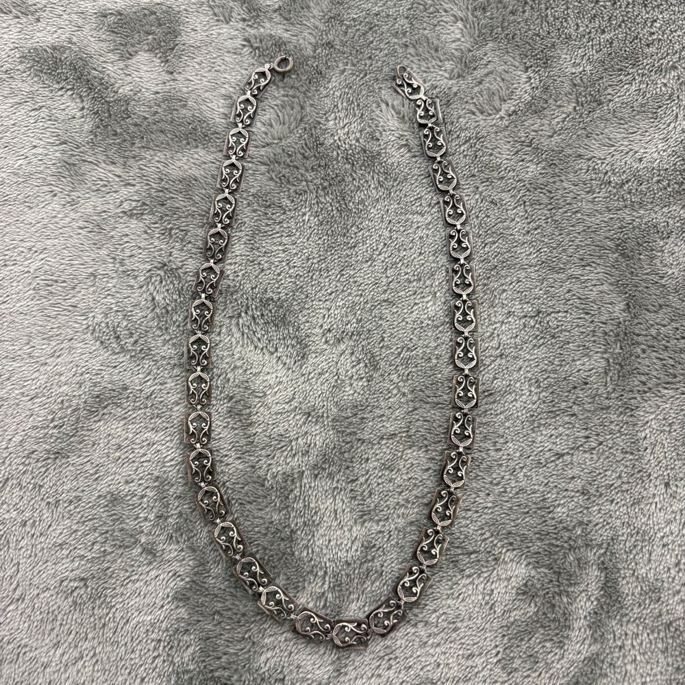 VTG DANECRAFT STERLING SILVER NECKLACE FANCY SCROLL DESIGN HARP CHOKER 16″