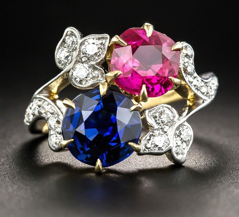Victorian 0.80ct Rose Cut Diamond Ruby Blue Sapphire Cute Colorful Bridal Ring