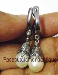 NEW ARTDECO VINTAGE 0.68ct ANTIQUE ROSE CUT DIAMOND SILVER PEARL DANGLE EARRINGS