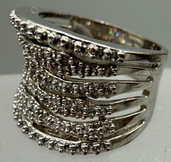 ESTATE VINTAGE 18K WHITE GOLD FILLED MULTI ROW BAND DIAMANTE BEADED RING SIZE 8