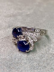 Vintage 1950’s Birks Platinum Cabochon Sapphire French Diamond Cocktail Ring