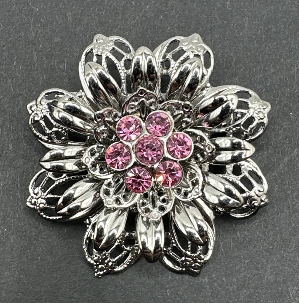 Vintage Pink Rhinestone Flower Brooch J42