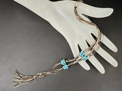 Medici Signed Silver Tone Turquoise Glass Beads Braided Multi Strand Necklace