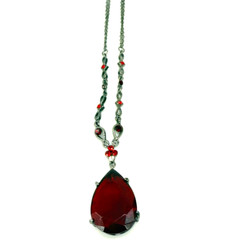 Vintage Necklace Large Red Glass Pendant Small Rhinestones Silver Tone 17 Inches