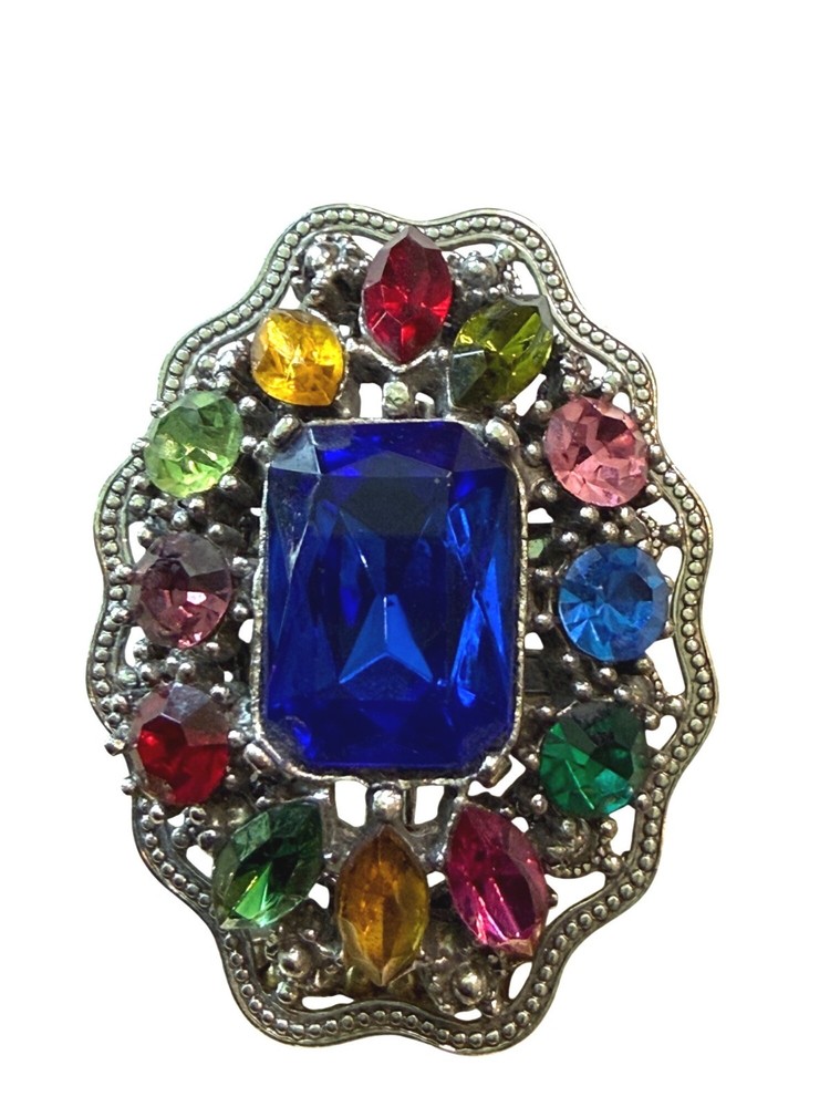 Vintage Silver-Tone Brooch Pendant Multicolor Czech Art Glass 2×1.5 Inches Blue