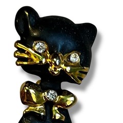 Vintage 2″ Black Cat Pin Brooch Rhinestone Eyes Gold Bow Matte Finish Halloween