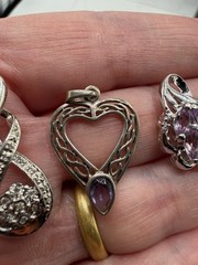 Lot Of 5 Vintage Sterling Pendants Plus Stones Heart Floral Locket