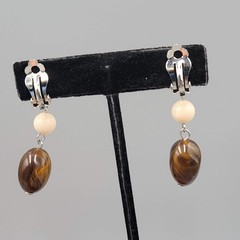 Vintage Cream & Brown Bead Clip on Earrings Silver tone Dangle 1.75 in