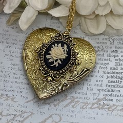 Gold Heart Locket Victorian Anniversary Wedding Cream Black Rose Cameo Necklace