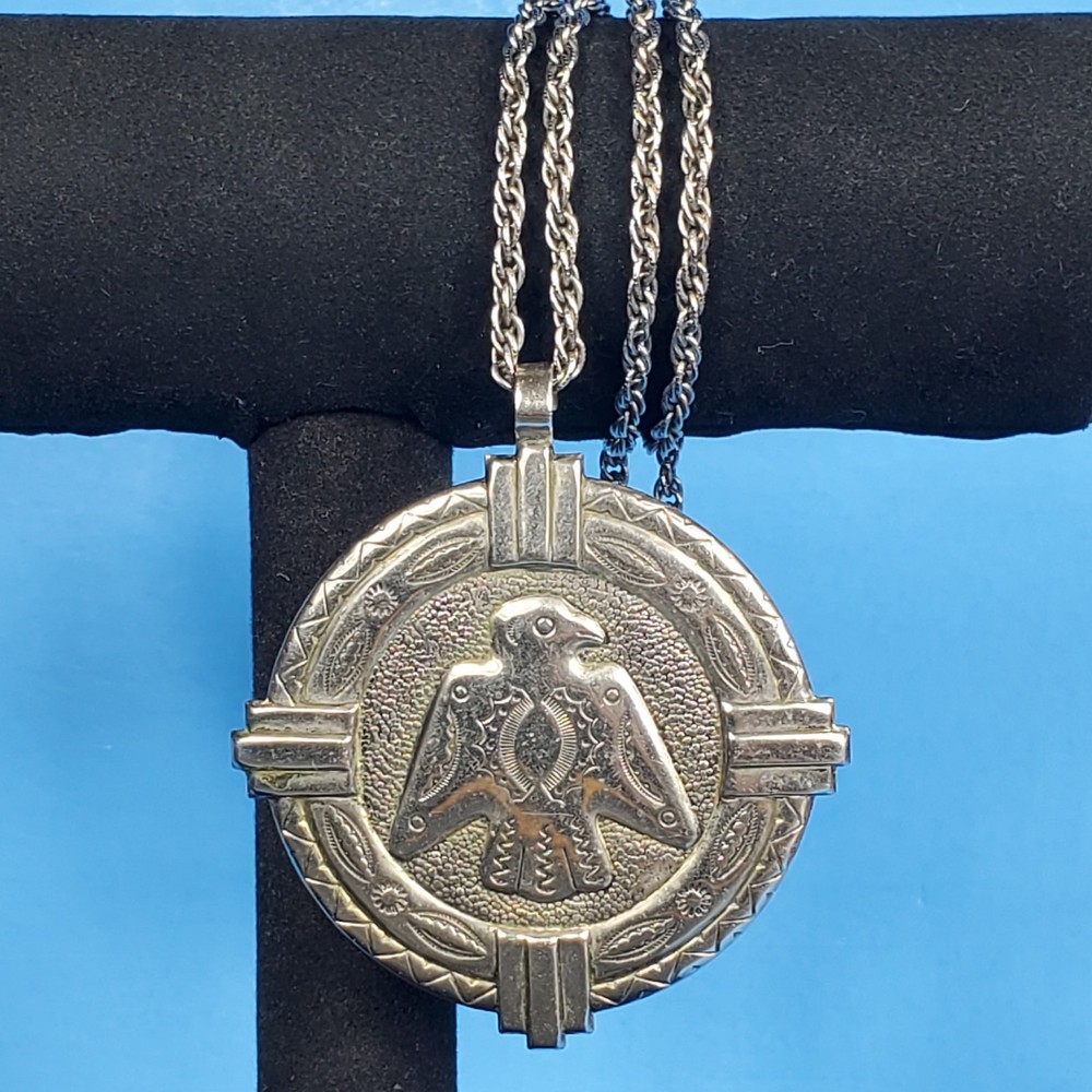 VTG Bell Trading Post Nickel Silver Navajo Style Thunderbird Pendant Necklace