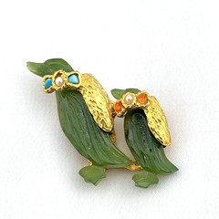Vintage Swoboda Brooch Pin Jade Carved Penguin Bird Mom Baby Gold Tone Estate