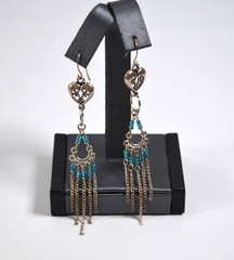 Silver Tone Chandelier Pierced Earrings Turquoise Color Glass Beads 3.5″