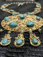 Vintage Egyptian Revival Pectoral Statement Necklace Glaze Soapstone Scarab Gilt