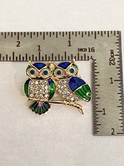 Vintage Style Owl Duo Brooch Pin – Blue & Green Enamel with Rhinestone Accents