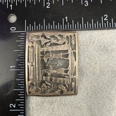 Vintage Egyptian Revival Storyteller Brooch Silver Tone Stamped Trombone Clasp