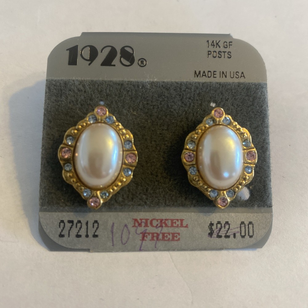 Vintage 1928 Faux Pearl 14K Gold Filled Posts Earrings NEW 1980s Made In USA NOS