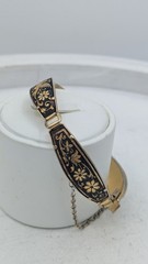 Vintage DAMASCENE Bracelet Bird Floral Black Gold Tone Panel Safety Chain