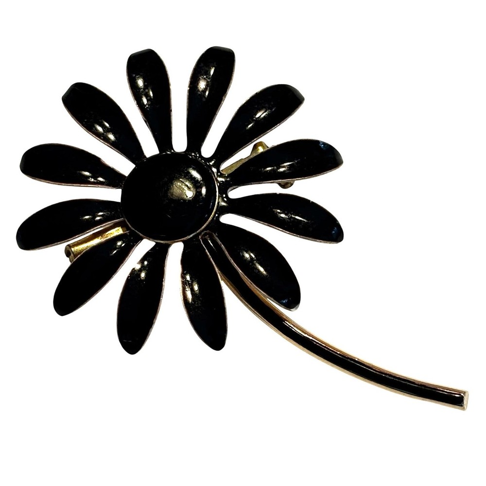 Vintage Mid Century flower power brooch mod gold tone & black enamel daisy