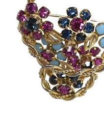 Pink Blue Rhinestone Flower Basket Brooch Pin Gold Tone Vintage 2 Inch Unsigned