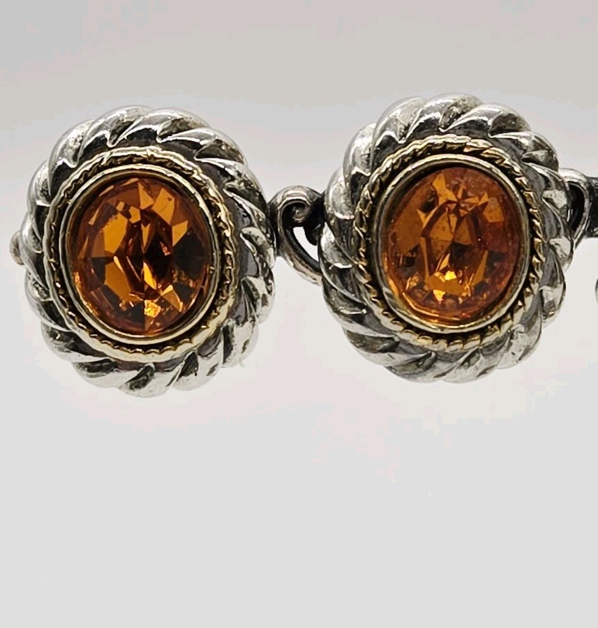 Vintage Clip on Earrings Orange Crystal Cable Twist Two tone Gold Silver .75 in