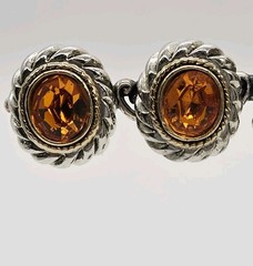 Vintage Clip on Earrings Orange Crystal Cable Twist Two tone Gold Silver .75 in
