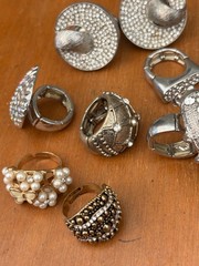 Vintage rhinestone and pearl rings, lot of 10, now size fits all