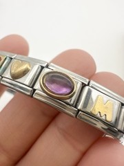 Vintage Italian Stainless Steel 18k Gold Assorted Charm Bracelet Amethyst 7.5”