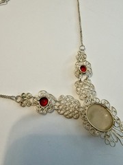 Antique Genuine Shell Cameo Faceted Red Stone Silver Tone Filigree Necklace
