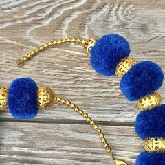 Vintage Beaded Pom Pom Statement Necklace Blue & Gold tone