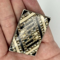 Vtg Pierre Bex Art Deco Geometric Rhinestone Enamel Brooch Trombone Clasp