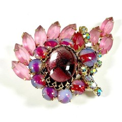 Verified Juliana D&E Brooch Pin Pink Stripe Givre Glass Rhinestone Floral 1960s