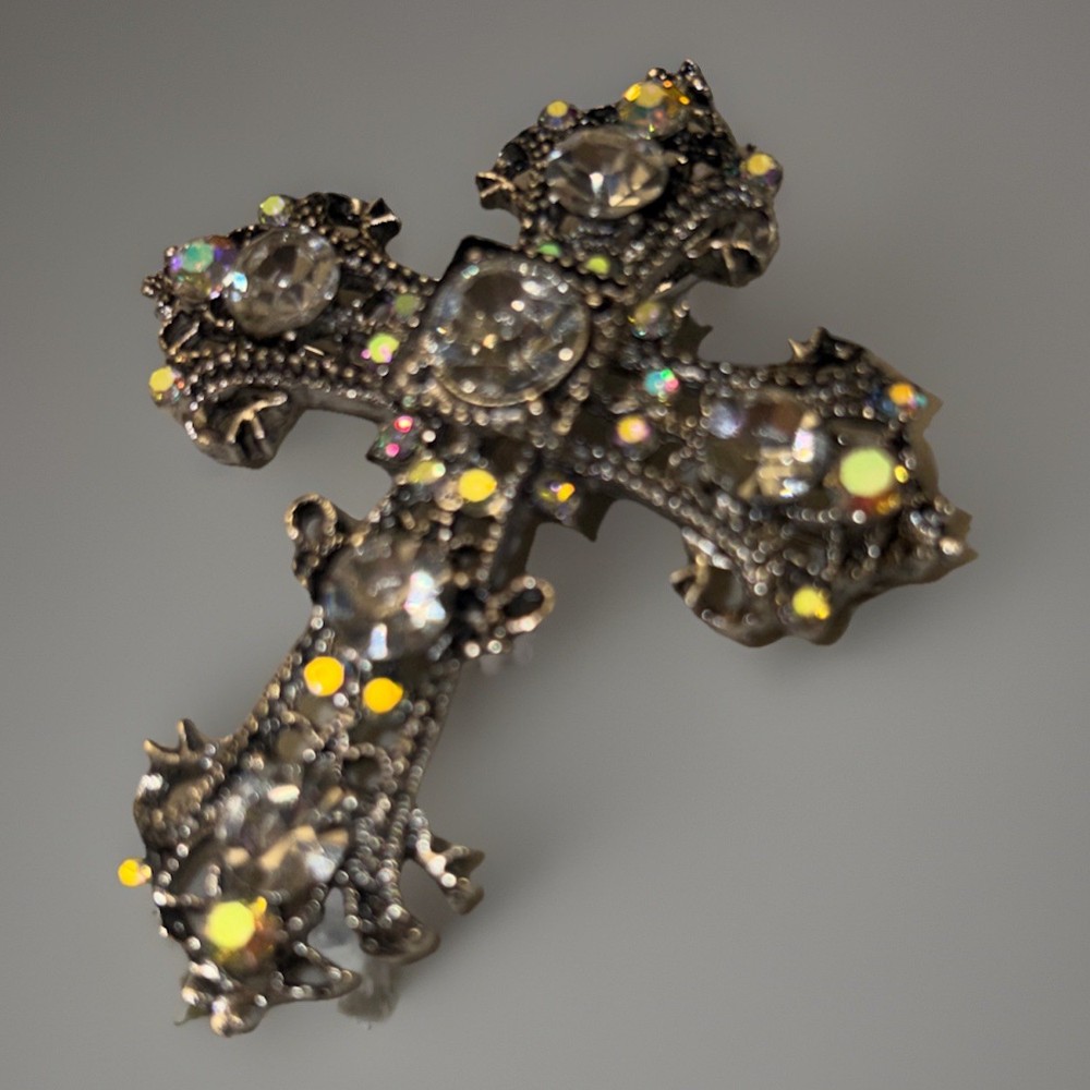 VTG Filigree Cross Brooch Pin Aurora Borealis Rhinestone Silver Tone Religious