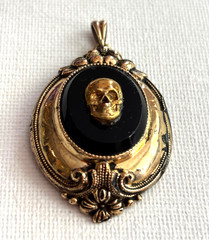 Antique Edwardian Memento Mori Brass Gold Plated Skull Black Stone Pendant