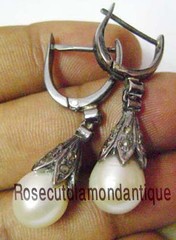 NEW ARTDECO VINTAGE 0.68ct ANTIQUE ROSE CUT DIAMOND SILVER PEARL DANGLE EARRINGS