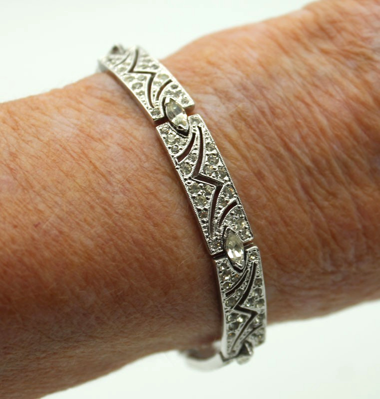 Panetta Silver Tone Metal Clear Rhinestone Art Deco Style Link Bracelet