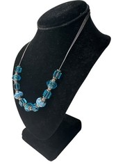 Art Glass Necklace Blue & White Beads Spacers 18” Wire Lobster Clasp Boho