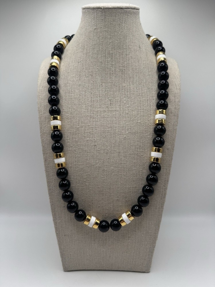 Vintage Napier Gold Tone Black White Beaded Necklace 24.5”
