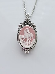 Pink Unicorn Cameo HIDDEN LOCKET Necklace, Vintage Secret Pillbox Pendant