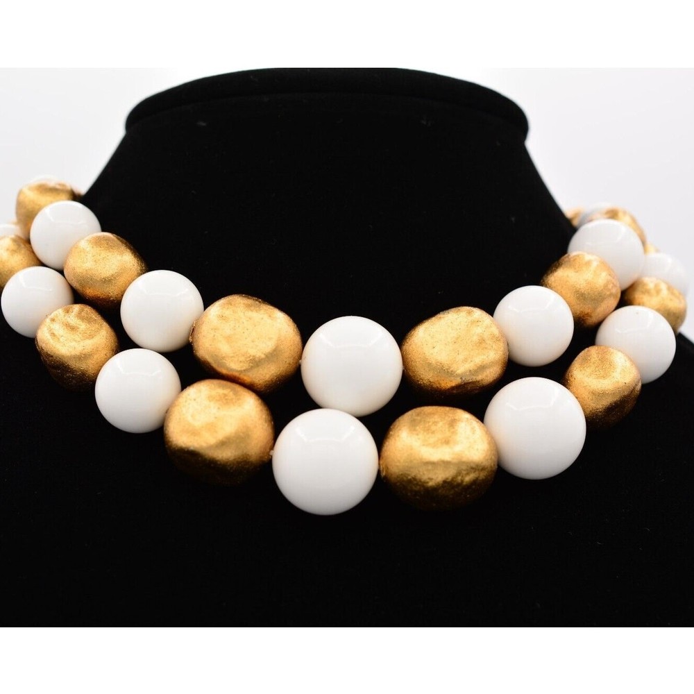 Vintage Collar Choker Necklace Brushed Gold White Beaded Thick Chunky 1980s BinR