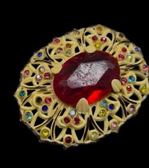 Vtg 1930s Art Deco Celluloid Filigree Brooch Central Red Stone Colorful Accents