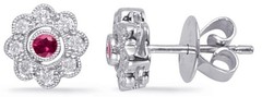 .34CT DIAMOND & AAA RUBY 14KT WHITE GOLD FILIGREE MILGRAIN FLOWER STUD EARRINGS