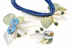 Vintage 80’s Summer Shell Wood Cord Leather Beach Necklace Brooch Earrings Set
