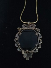 Vntg Cameo .925, marcasite, onyx, MOP pendant w/ new .925 goldplated chain.