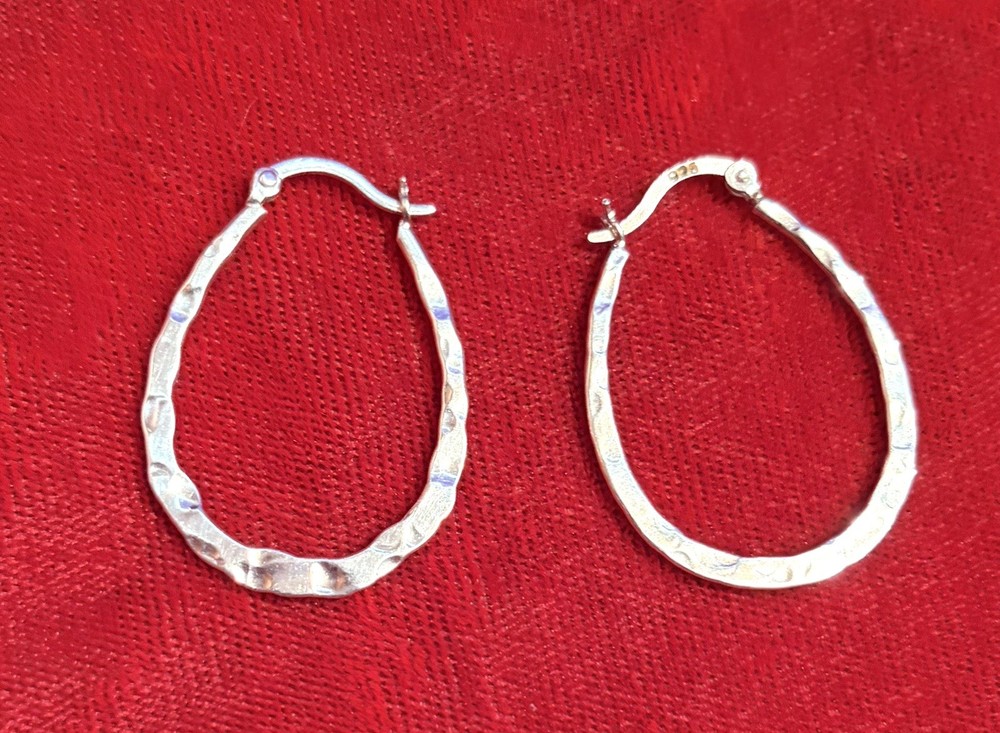 Polished Hammered Sterling Silver 925 Classic Hoop Latch Earrings 1.25”