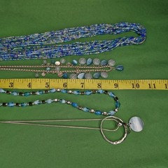 Lot 4 Necklaces Silver Tone Blues Beachy Glass Shells Beautiful Stackable 17-21″
