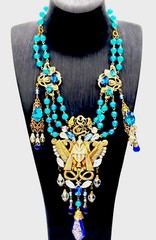 Czech Art Glass Necklace Gold Egyptian Motif Blue Drops Statement Jewelry