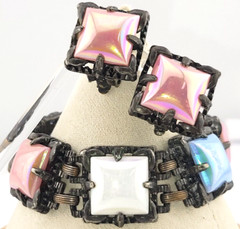 Vintage Pastel Pink Blue AB Gripoix Glass Cabochon Clip Earrings & Bracelet Set